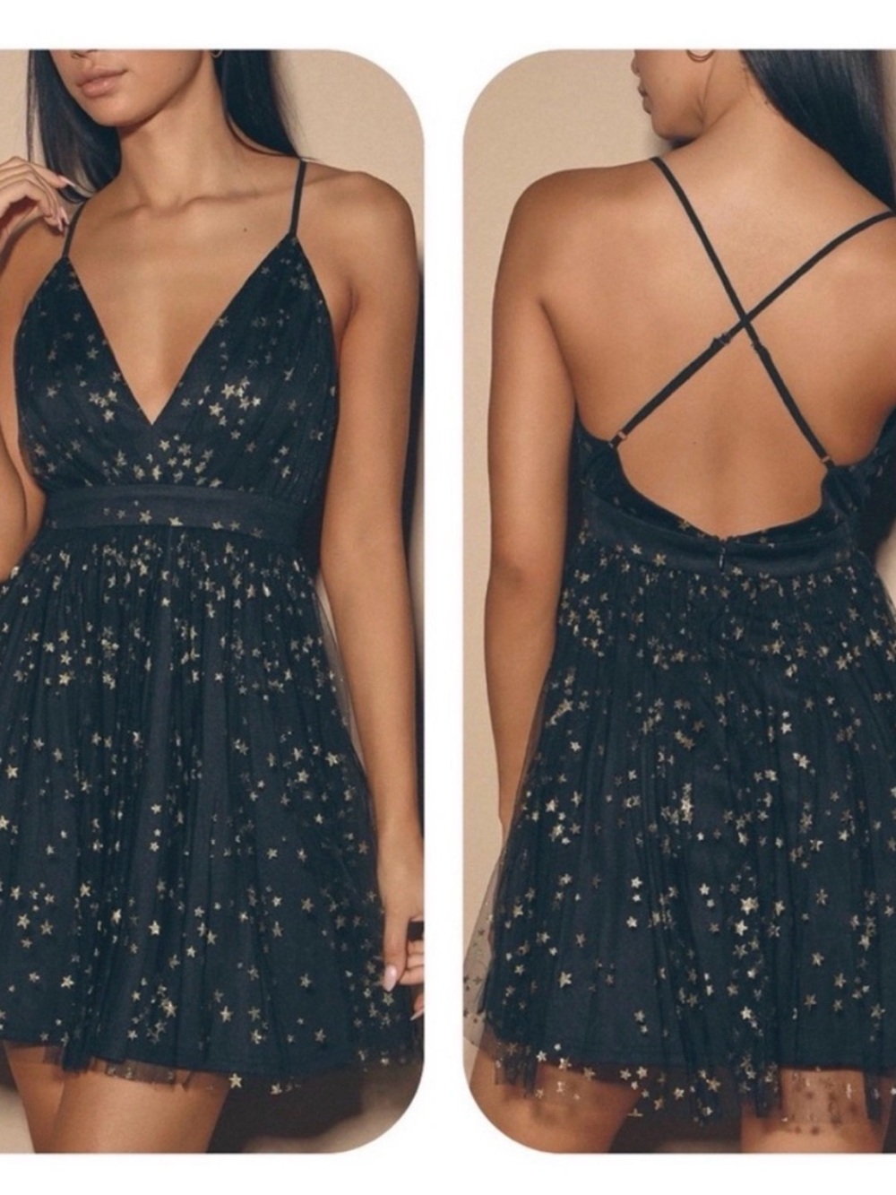 Lulus Star Black & Gold Mini Skater Dress Celestial Dark Fairycore Whimsigoth